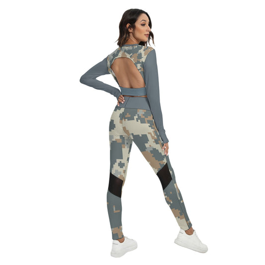 50 Couture Haute Women's Tan Camouflage Sport Set With Backless Top And Leggings