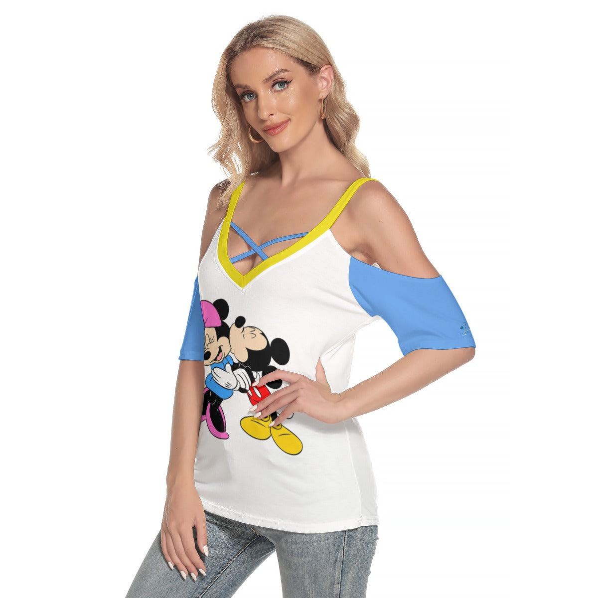 101 Couture Haute Women's Multicolor Mickey & Minnie Cold Shoulder T-shirt with Criss Cross Strips