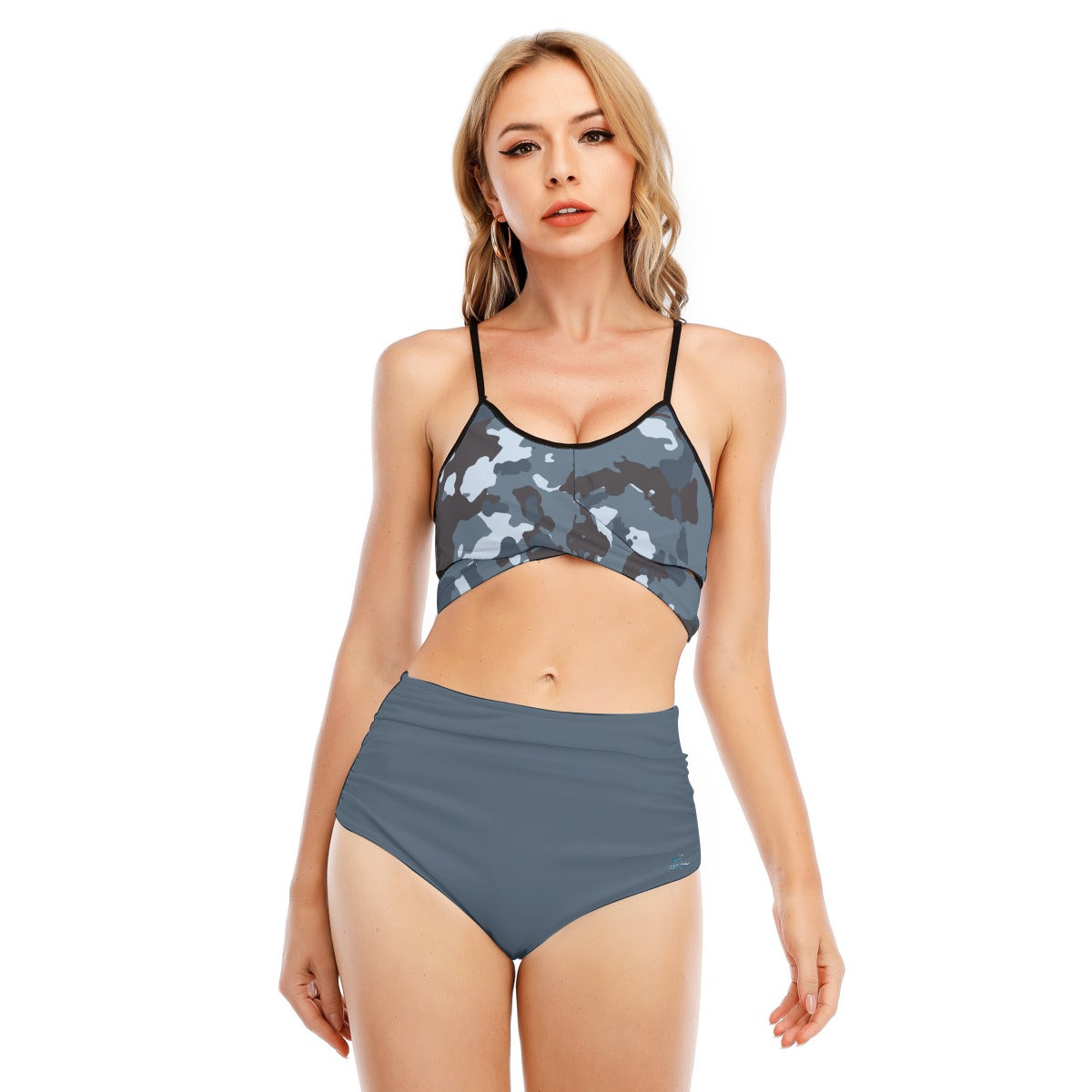 96 Couture Haute Women's Blue Camouflage Bikini Swimsuit with Cross Straps