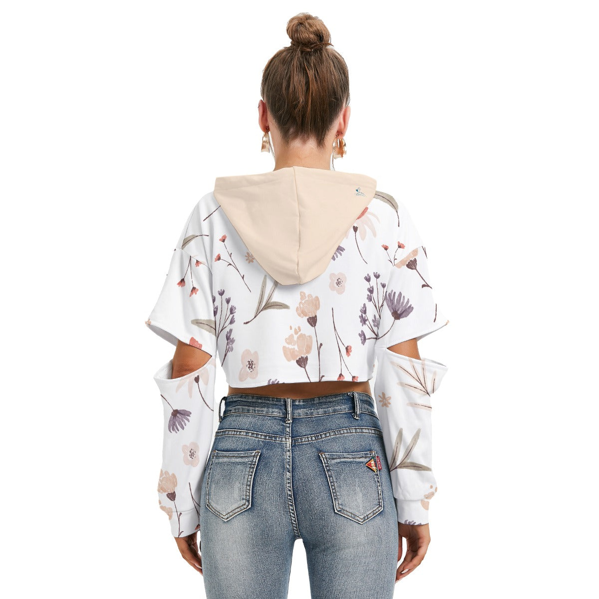 92 Couture Haute Women's Beige Floral Heavy Fleece Hoodie with Hollow Out Sleeve