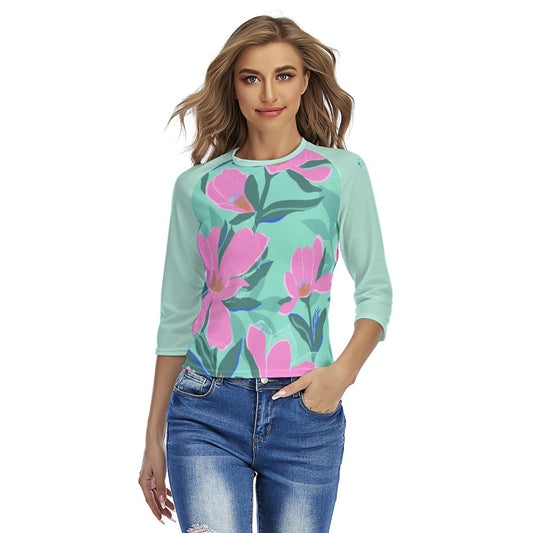 73 Couture Haute Women's Turquoise Floral Raglan Sleeves T-shirts