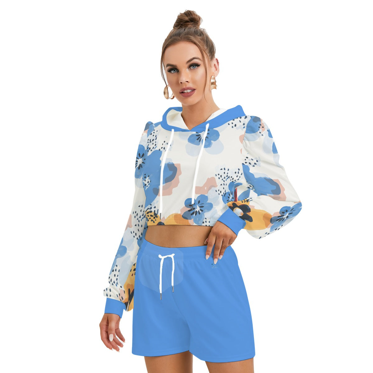 126 Couture Haute Brand Women's Blue Long-Sleeve Mirco Fleece Hoodie And Shorts Set