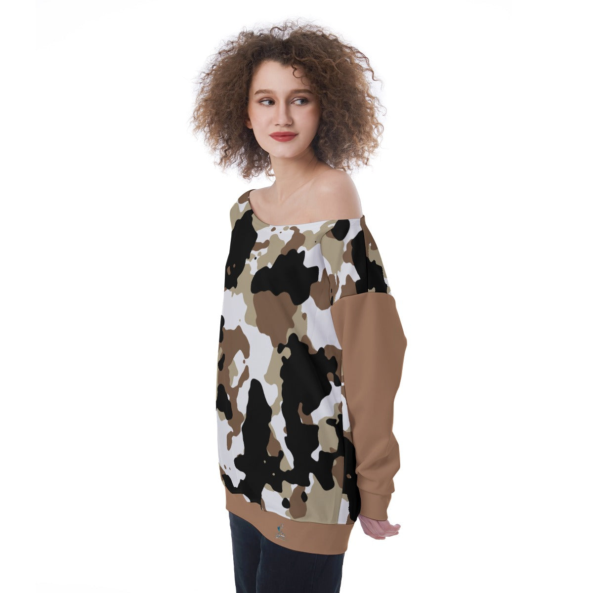 40 Couture Haute Oversized Women's Brown Camouflage Off-Shoulder Sweatshirt