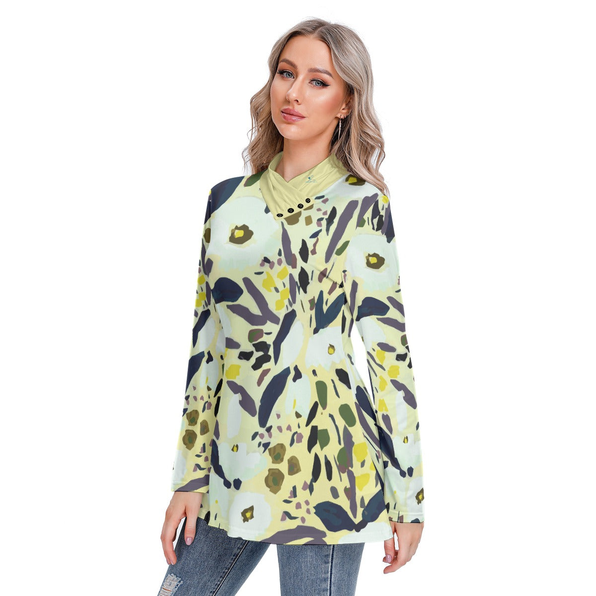 123 Couture Haute Branded Women's Multicolor Long-sleeved Heap-neck Slim Tunic Blouse