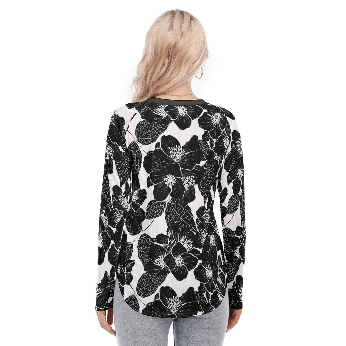 78 Couture Haute Women's Black Floral Raglan Sleeves U-Shaped Hem Long Sleeves Blouse