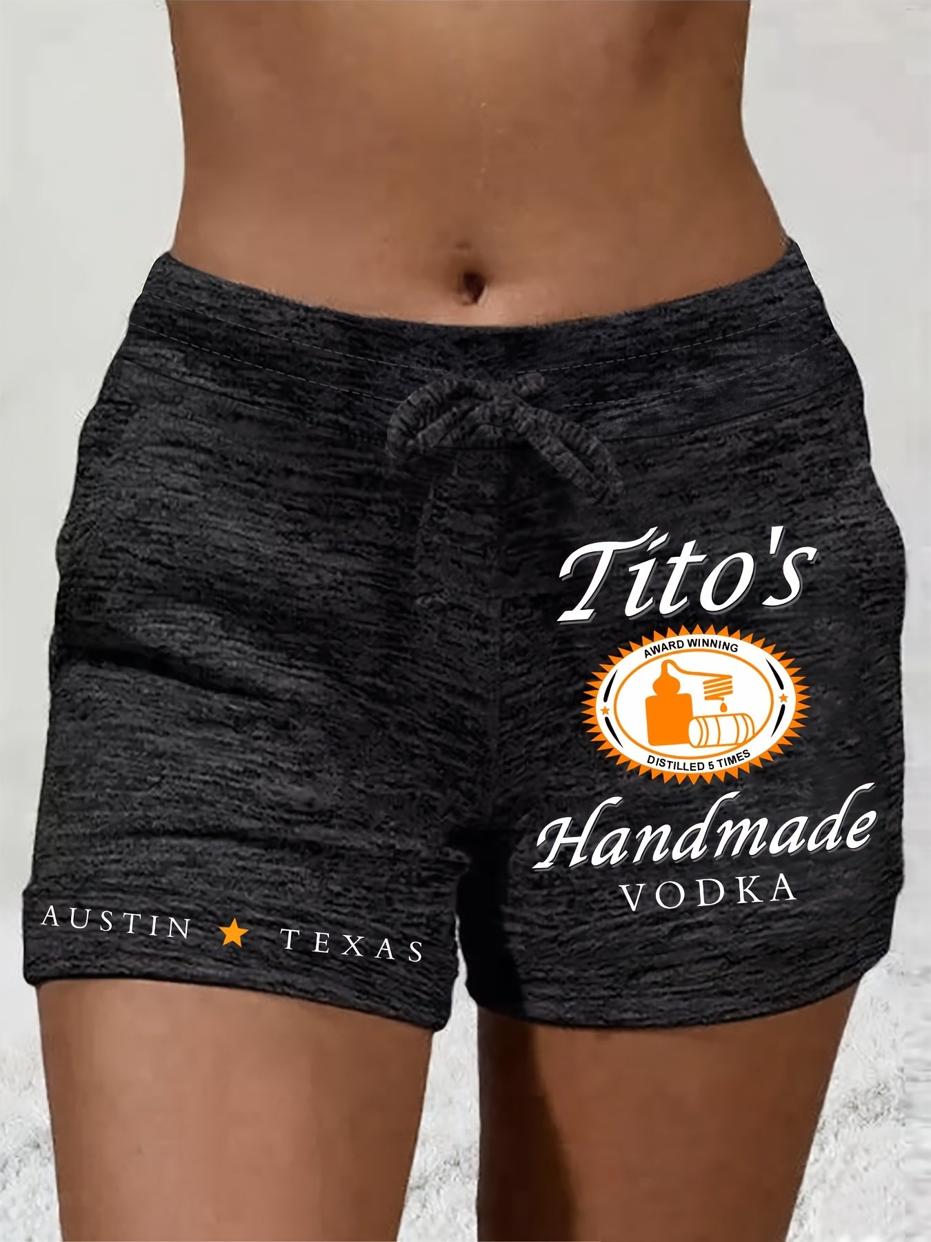 15 Distilled Tito's Print Drawstring Shorts, Casual Mid Waist With Pocket