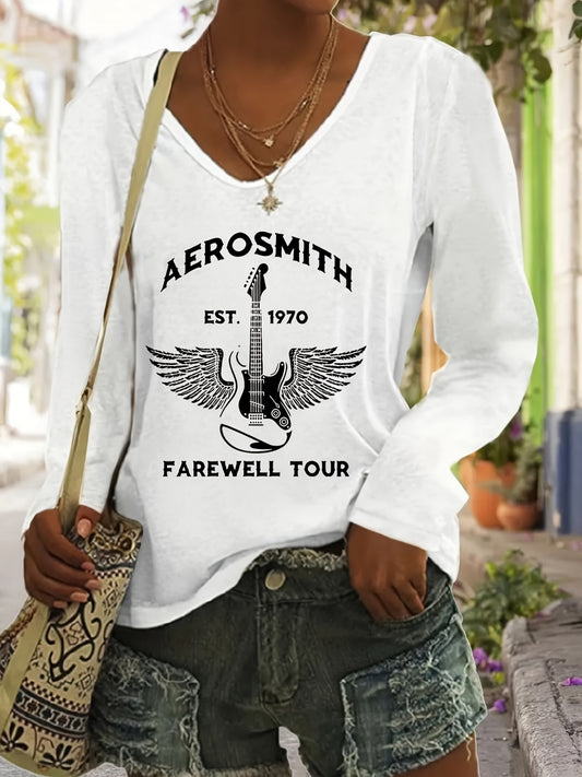 16 Guitar Print Aerosmith T-shirt, Long Sleeve V-Neck Casual Top T-Shirt